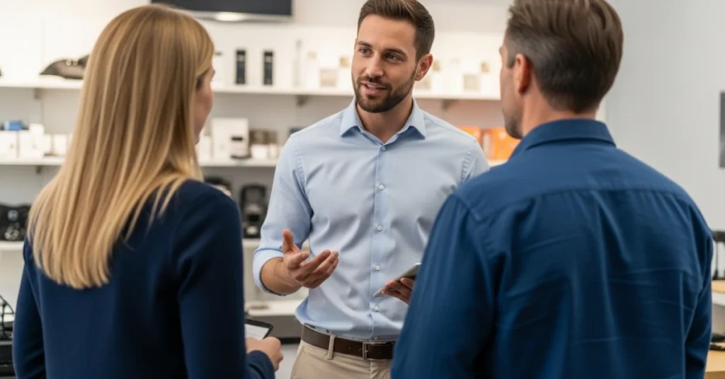 Field sales representative explaining products to customers in a retail store using field sales software to manage sales and customer interactions
