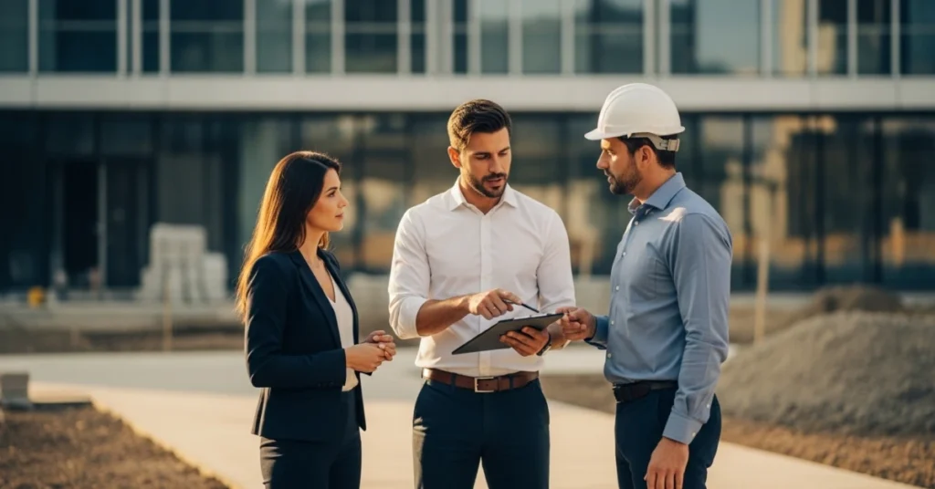 Construction inspection software used by field team reviewing site data during on-site inspection meeting