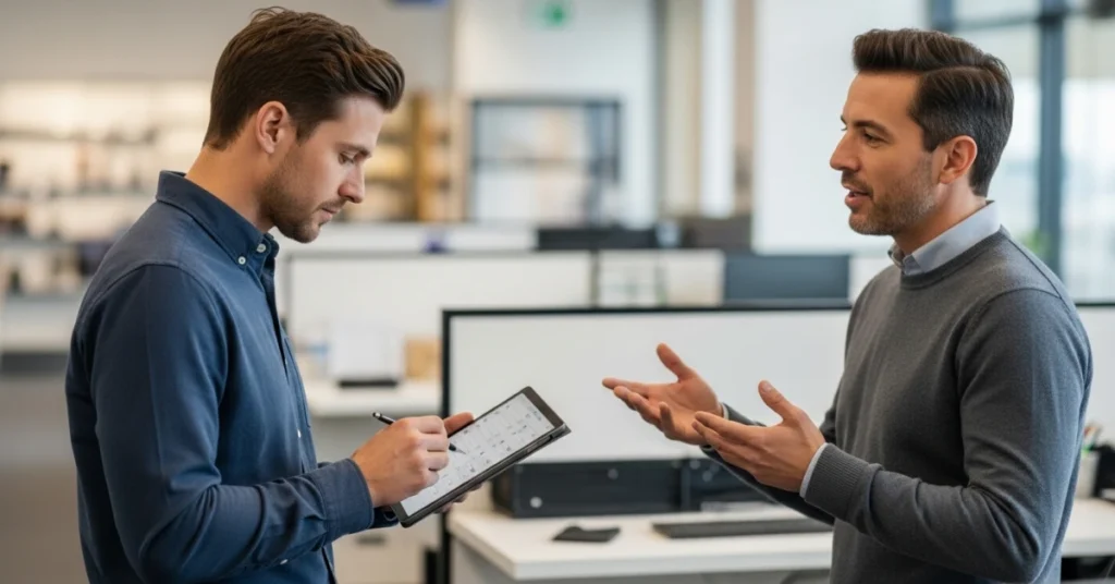 Auditor using field audit software on a tablet while a staff member explains a process in a workplace environment
