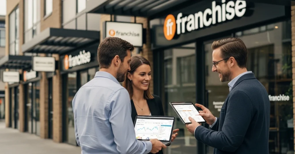 successful franchise team reviewing performance data on tablets in front of branded storefronts in a modern commercial area