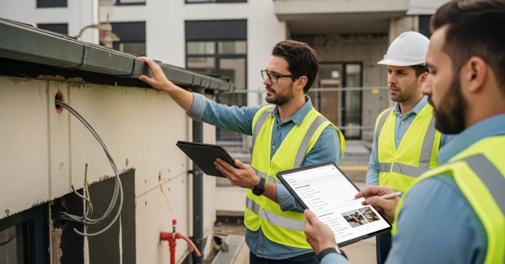 post-construction inspection being conducted by a professional using a tablet at a completed building site