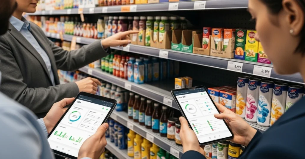 osa kpi analysis in a retail store showing shelf availability using tablets and real-time data tracking