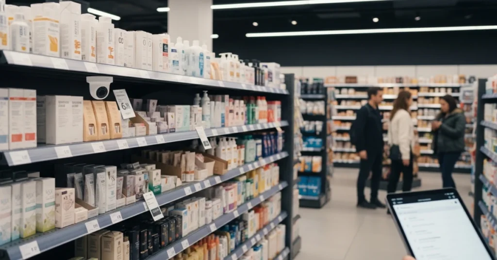 Retail loss prevention in action with store shelves, product displays, and background customers in a modern retail environment