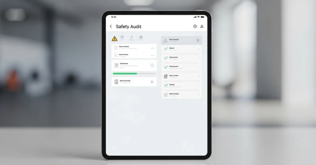 Safety audit checklist displayed on a tablet in a clean workspace with a blurred background environment