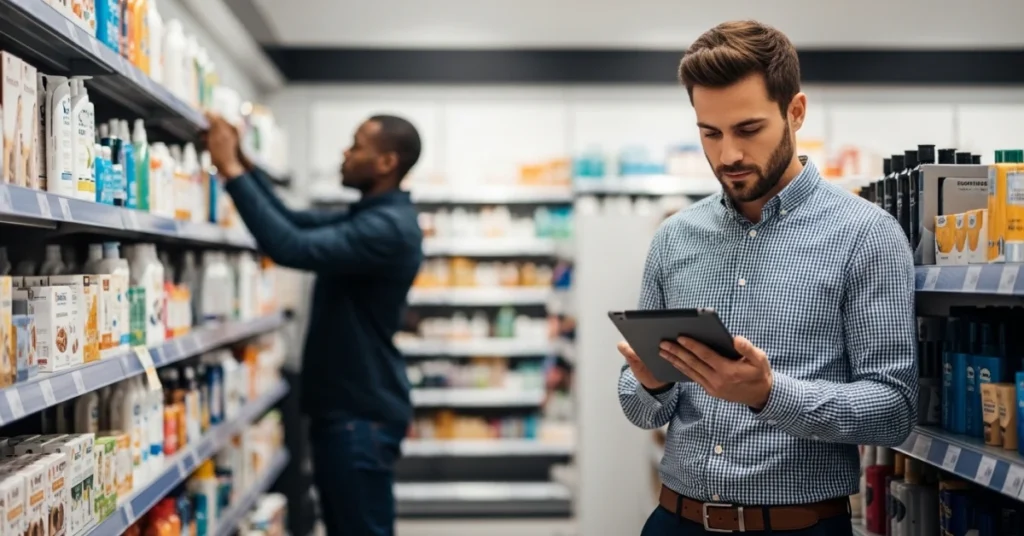 Retail compliance check in a store with a manager reviewing products on a tablet while staff organizes shelves