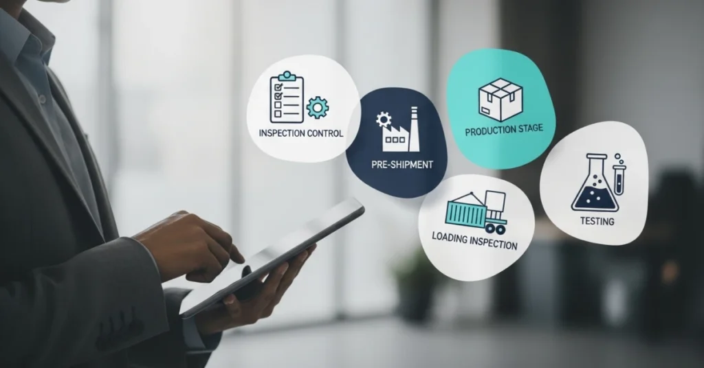 Types of quality inspection visual showing inspection control, production, pre-shipment, loading, and testing with a professional using a tablet