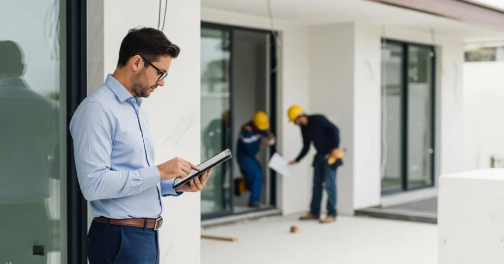 Construction compliance check in a luxury home project with a manager reviewing work on a tablet