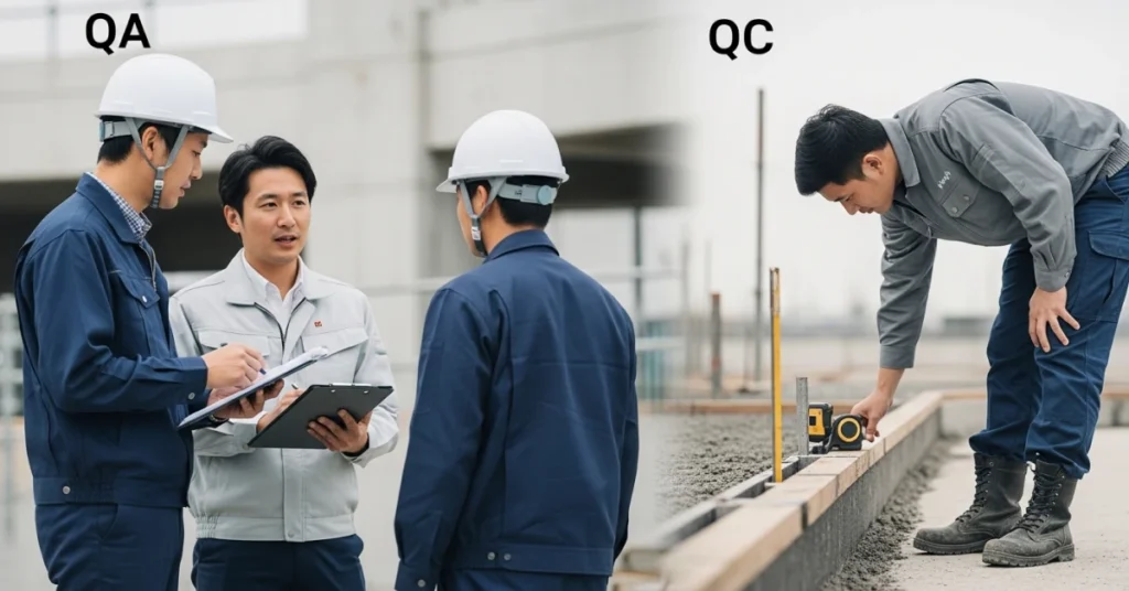 QA and QC in construction comparison showing quality assurance planning and quality control site inspection activities