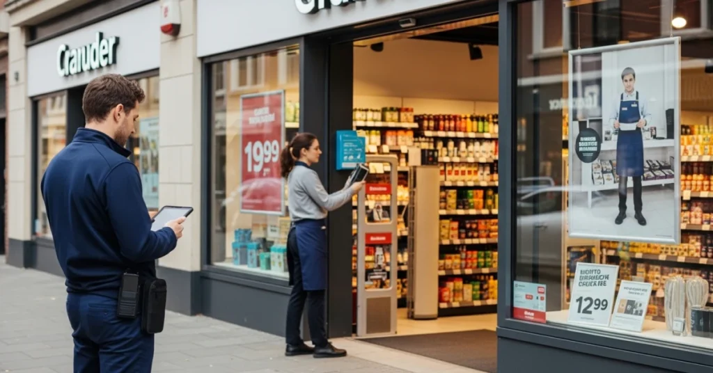 Retail standards inspection outside a store as staff adjusts display and supervisor checks compliance on tablet