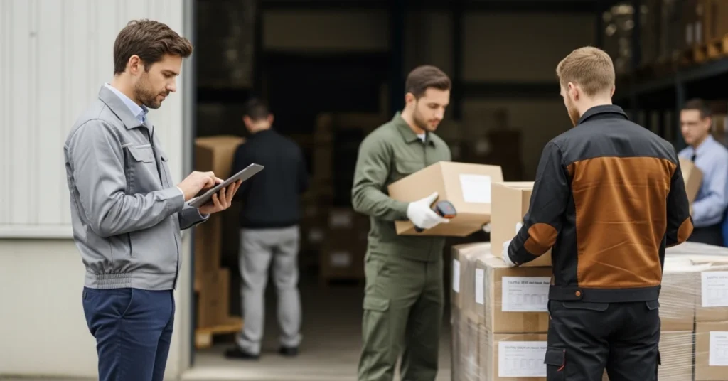 Supplier Quality Management in action as inspector reviews data while workers handle and inspect incoming goods