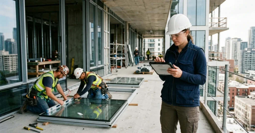 Inspection and Test Plans (ITPs) in action with engineer using tablet during quality inspection on luxury building construction site