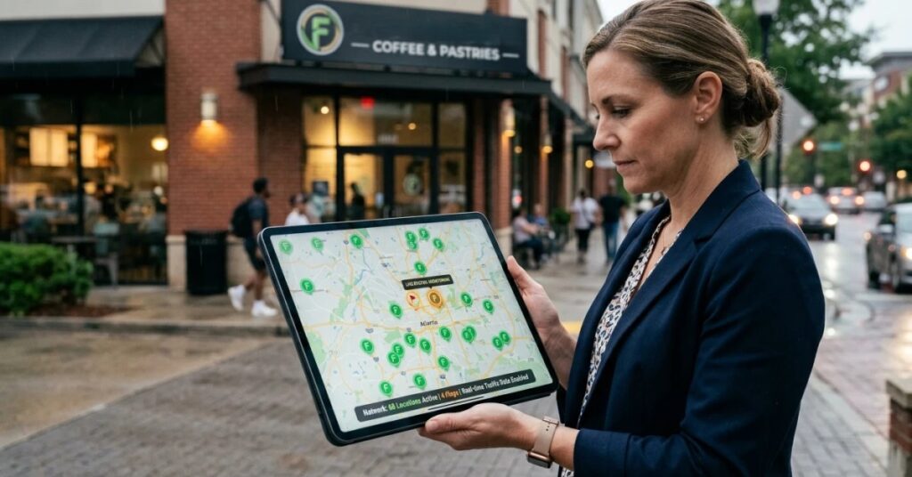 Franchise management in action with manager reviewing multiple locations on a tablet map outside a franchise store