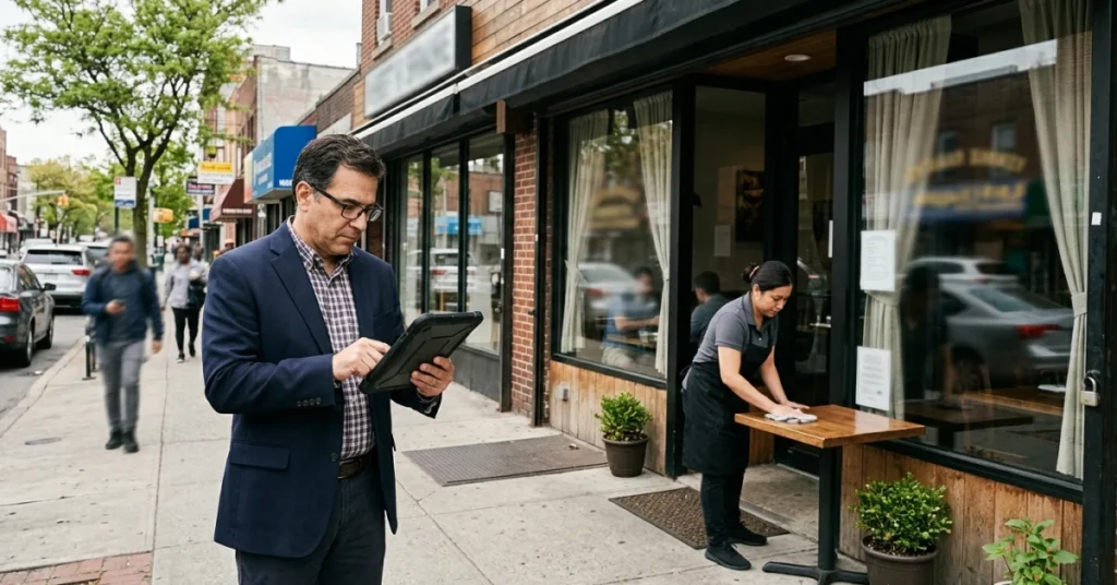 Restaurant audit in progress outside a restaurant with manager using tablet while staff prepares entrance area