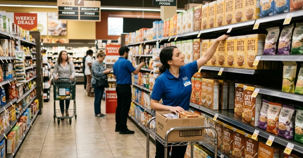 Retail audit scene showing store employee adjusting shelf products and checking merchandising in a supermarket aisle