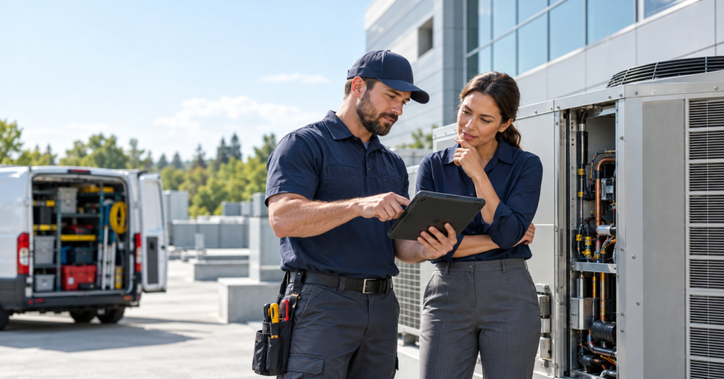 Field service technician and operations supervisor reviewing a tablet beside commercial HVAC equipment.