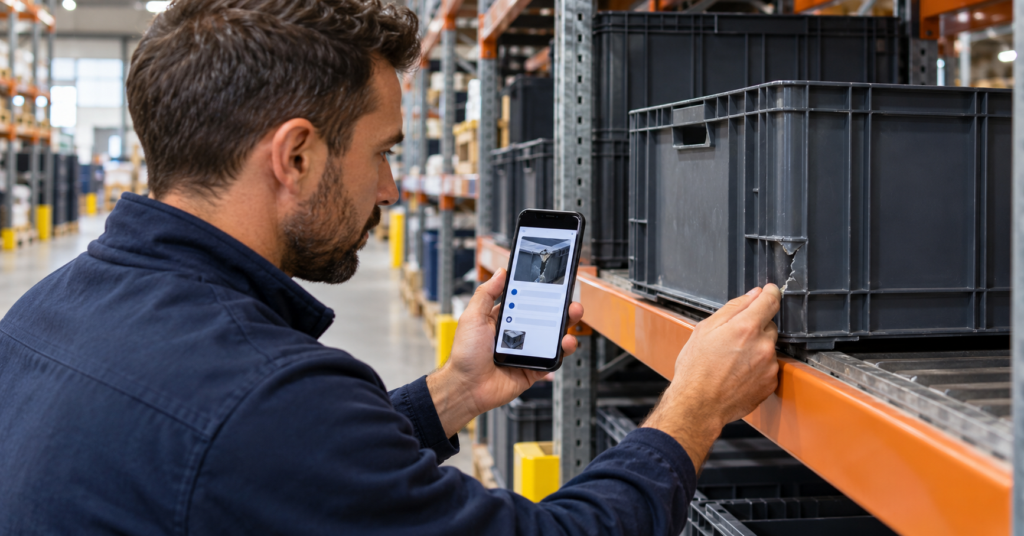 Mobile data capture for audits using a smartphone to document a damaged warehouse crate.