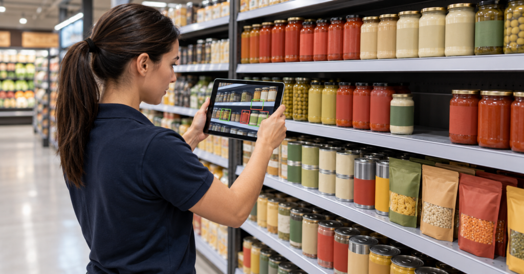 Planogram compliance inspection using a tablet to identify shelf gaps and misplaced products.