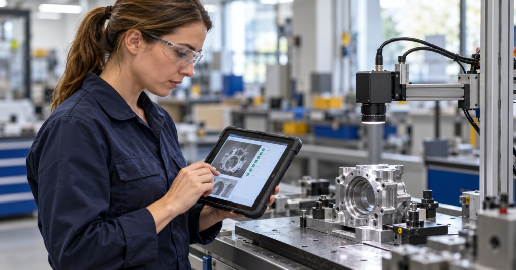 Inspection reliability supported by a digital checklist and machine vision camera inspecting a metal component.