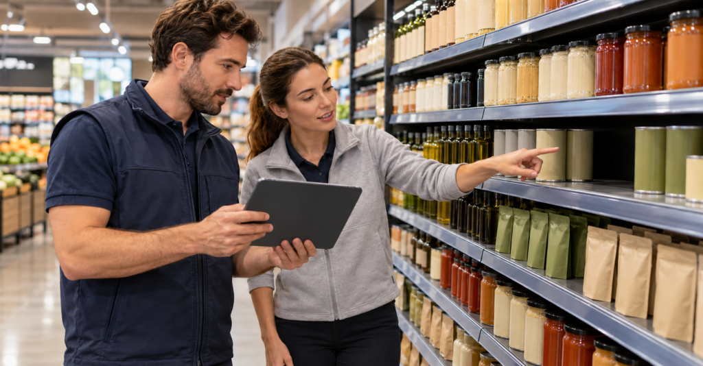Continuous improvement in merch operations supported by two retail colleagues reviewing shelf gaps and tablet data.