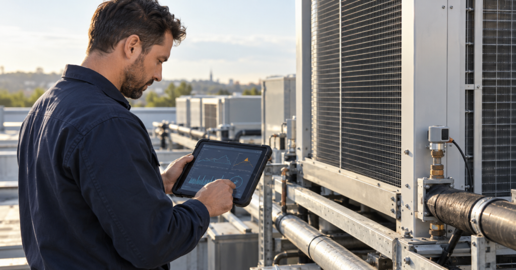 AI anomaly detection dashboard on a tablet used by a technician inspecting commercial HVAC equipment.